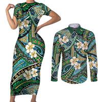 Polynesian Hibiscus Tropical Green Floral Couples Matching Short Sleeve Bodycon Dress and Long Sleeve Button Shirt Tribal Pattern - Polynesian Pride
