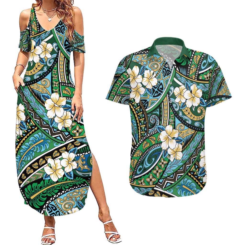 Polynesian Hibiscus Tropical Green Floral Couples Matching Summer Maxi Dress and Hawaiian Shirt Tribal Pattern - Polynesian Pride