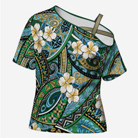 Polynesian Hibiscus Tropical Green Floral Cross Shoulder Shirt Tribal Pattern - Polynesian Pride
