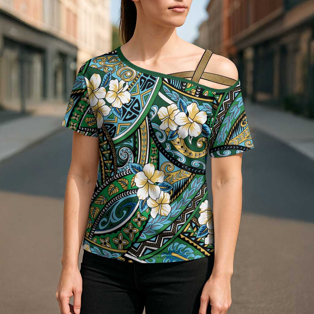 Polynesian Hibiscus Tropical Green Floral Cross Shoulder Shirt Tribal Pattern - Polynesian Pride