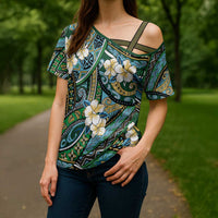 Polynesian Hibiscus Tropical Green Floral Cross Shoulder Shirt Tribal Pattern - Polynesian Pride