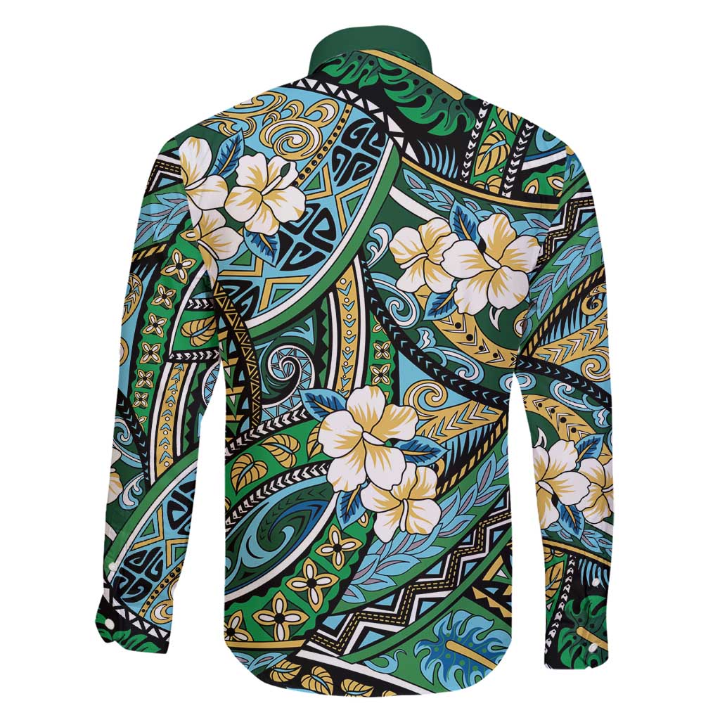 Polynesian Hibiscus Tropical Green Floral Family Matching Long Sleeve Bodycon Dress and Hawaiian Shirt Tribal Pattern - Polynesian Pride
