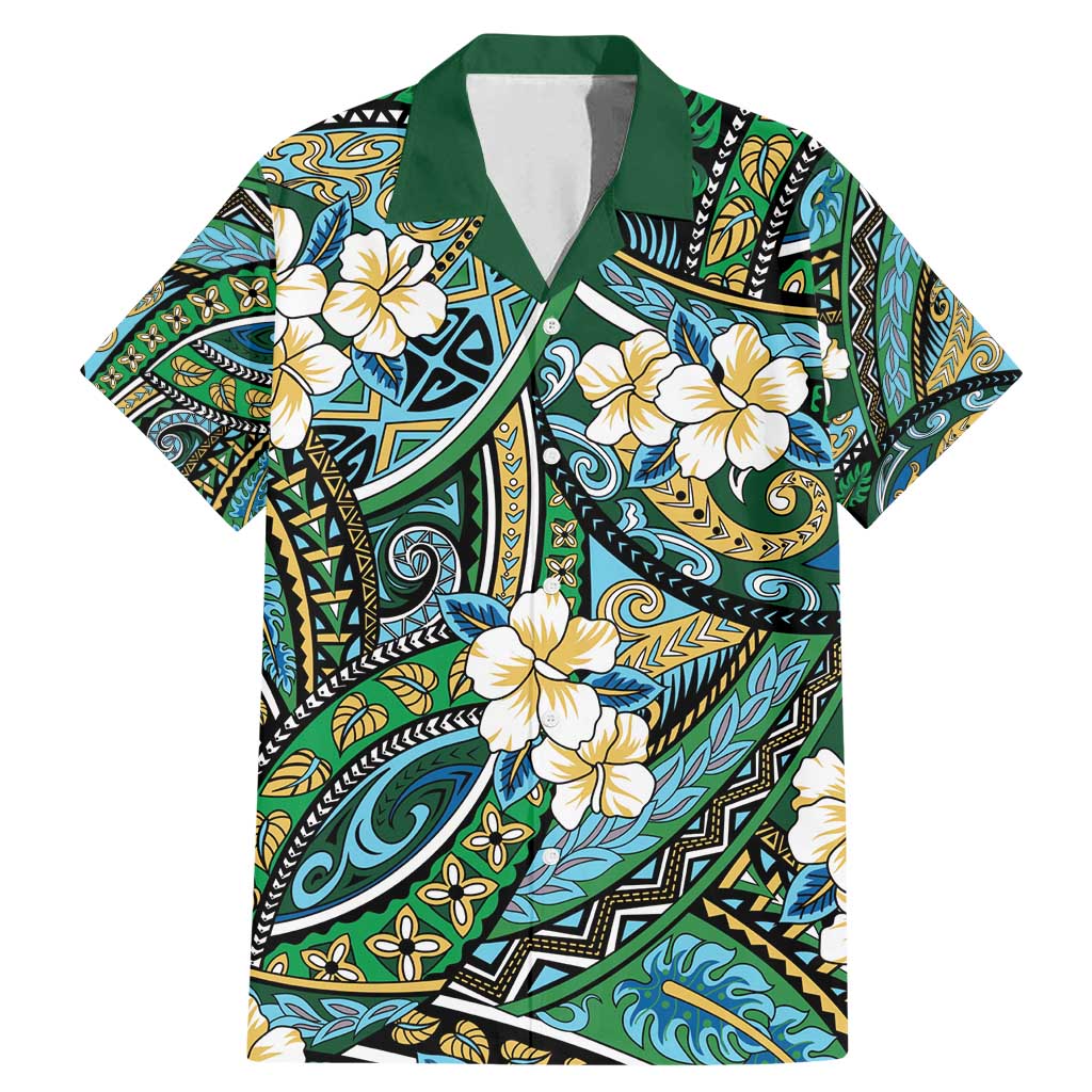 Polynesian Hibiscus Tropical Green Floral Family Matching Mermaid Dress and Hawaiian Shirt Tribal Pattern - Polynesian Pride