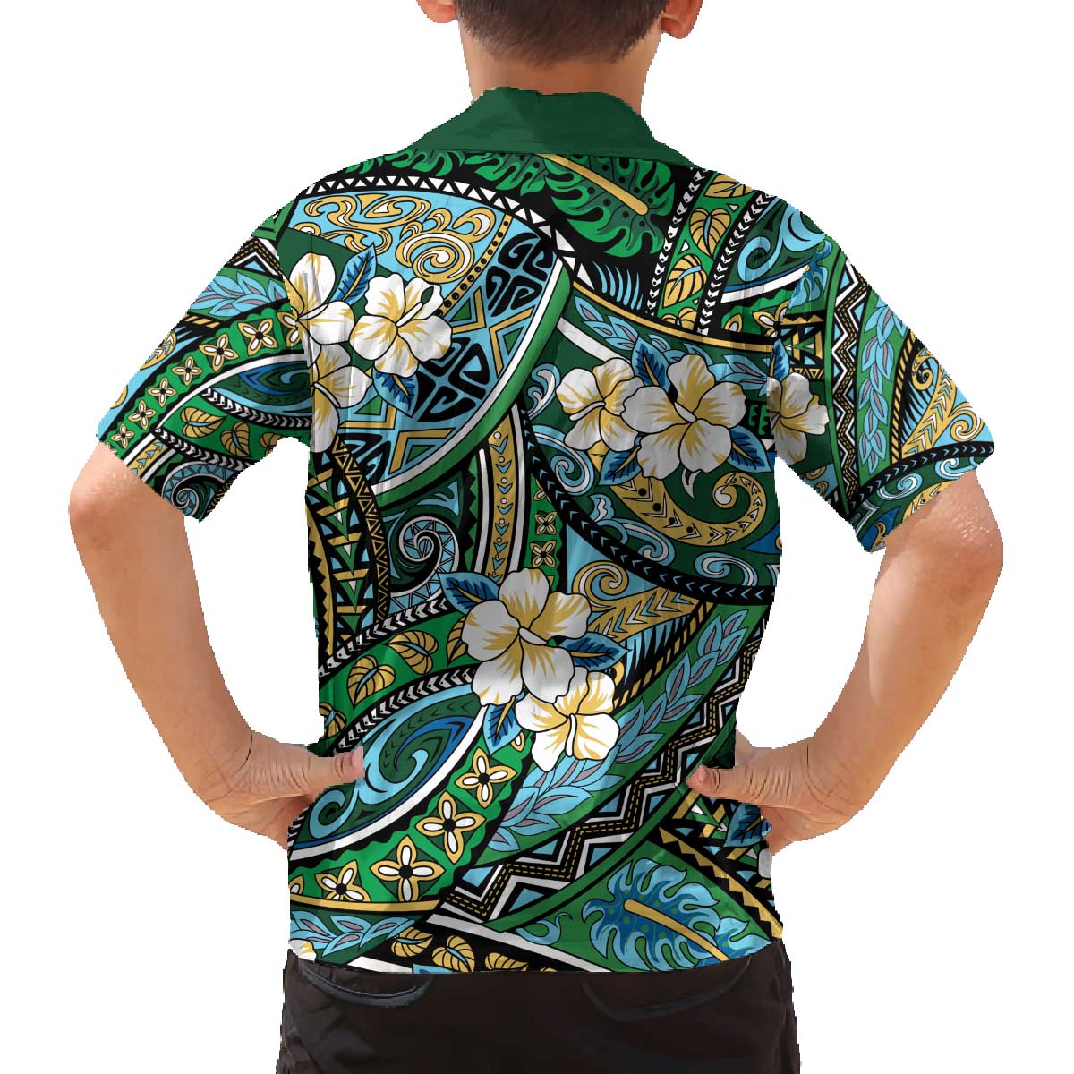 Polynesian Hibiscus Tropical Green Floral Family Matching Off The Shoulder Long Sleeve Dress and Hawaiian Shirt Tribal Pattern - Polynesian Pride