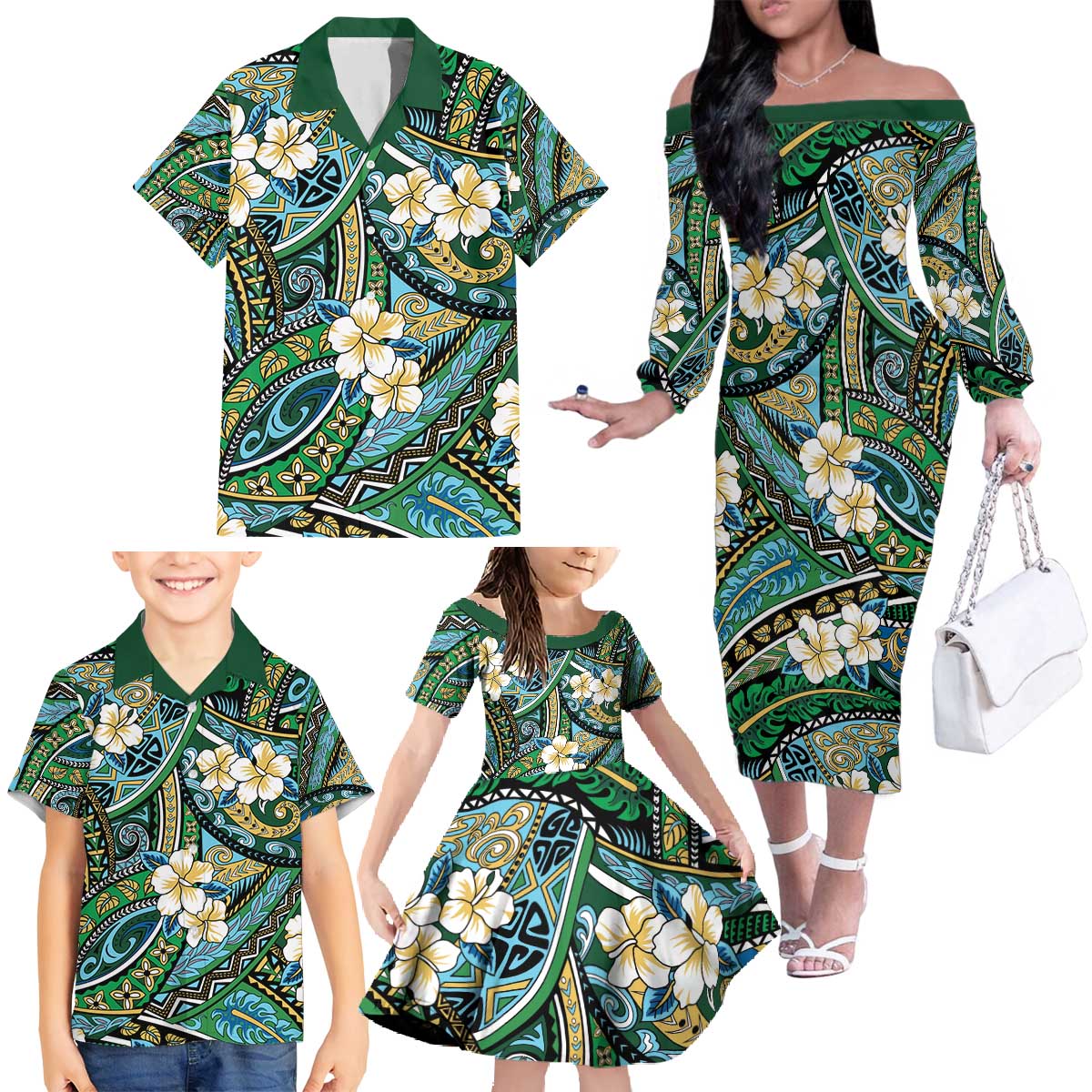 Polynesian Hibiscus Tropical Green Floral Family Matching Off The Shoulder Long Sleeve Dress and Hawaiian Shirt Tribal Pattern - Polynesian Pride