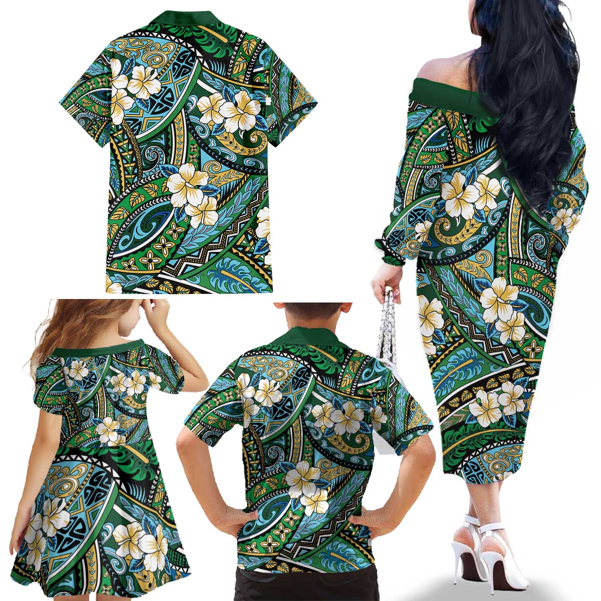 Polynesian Hibiscus Tropical Green Floral Family Matching Off The Shoulder Long Sleeve Dress and Hawaiian Shirt Tribal Pattern - Polynesian Pride