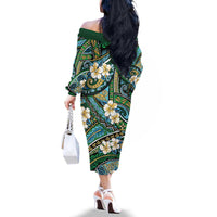 Polynesian Hibiscus Tropical Green Floral Family Matching Off The Shoulder Long Sleeve Dress and Hawaiian Shirt Tribal Pattern - Polynesian Pride