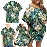 Polynesian Hibiscus Tropical Green Floral Family Matching Off Shoulder Short Dress and Hawaiian Shirt Tribal Pattern - Polynesian Pride