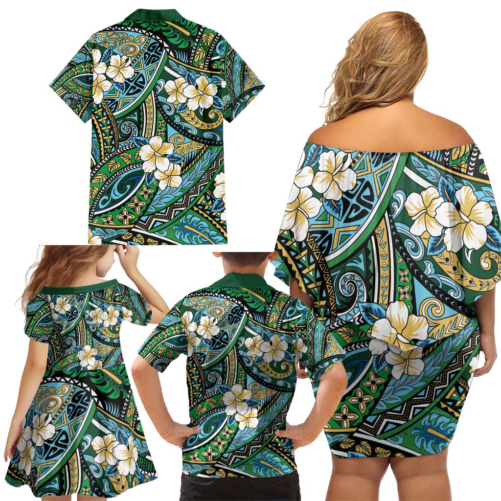 Polynesian Hibiscus Tropical Green Floral Family Matching Off Shoulder Short Dress and Hawaiian Shirt Tribal Pattern - Polynesian Pride
