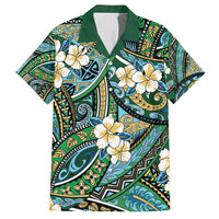 Polynesian Hibiscus Tropical Green Floral Family Matching Off Shoulder Short Dress and Hawaiian Shirt Tribal Pattern - Polynesian Pride