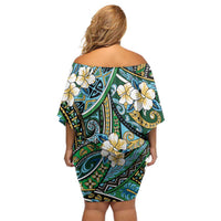 Polynesian Hibiscus Tropical Green Floral Family Matching Off Shoulder Short Dress and Hawaiian Shirt Tribal Pattern - Polynesian Pride