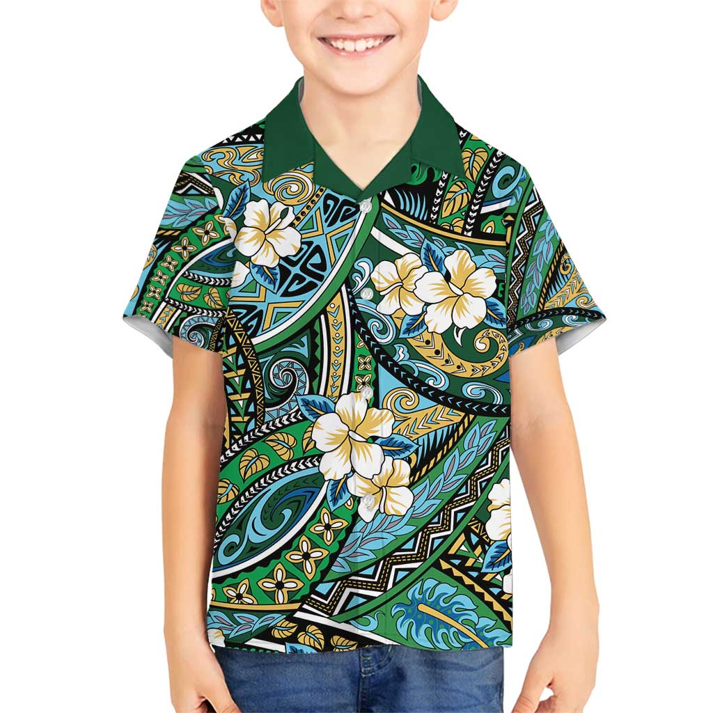Polynesian Hibiscus Tropical Green Floral Family Matching Off Shoulder Short Dress and Hawaiian Shirt Tribal Pattern - Polynesian Pride
