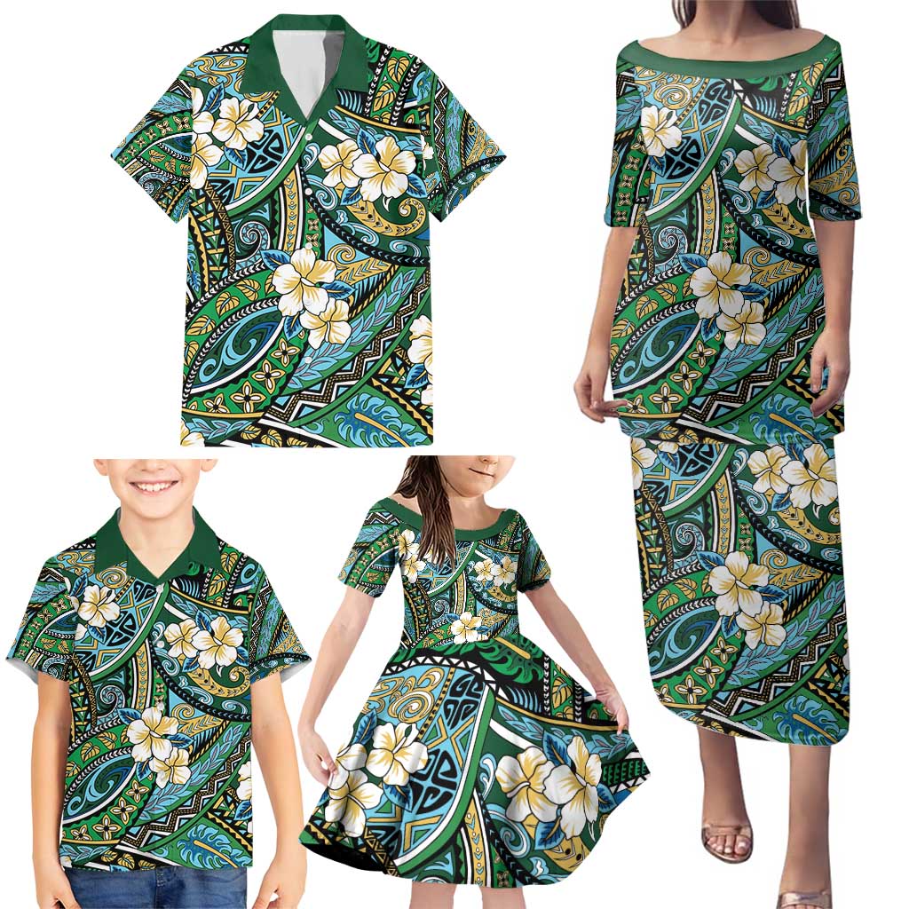 Polynesian Hibiscus Tropical Green Floral Family Matching Puletasi and Hawaiian Shirt Tribal Pattern - Polynesian Pride