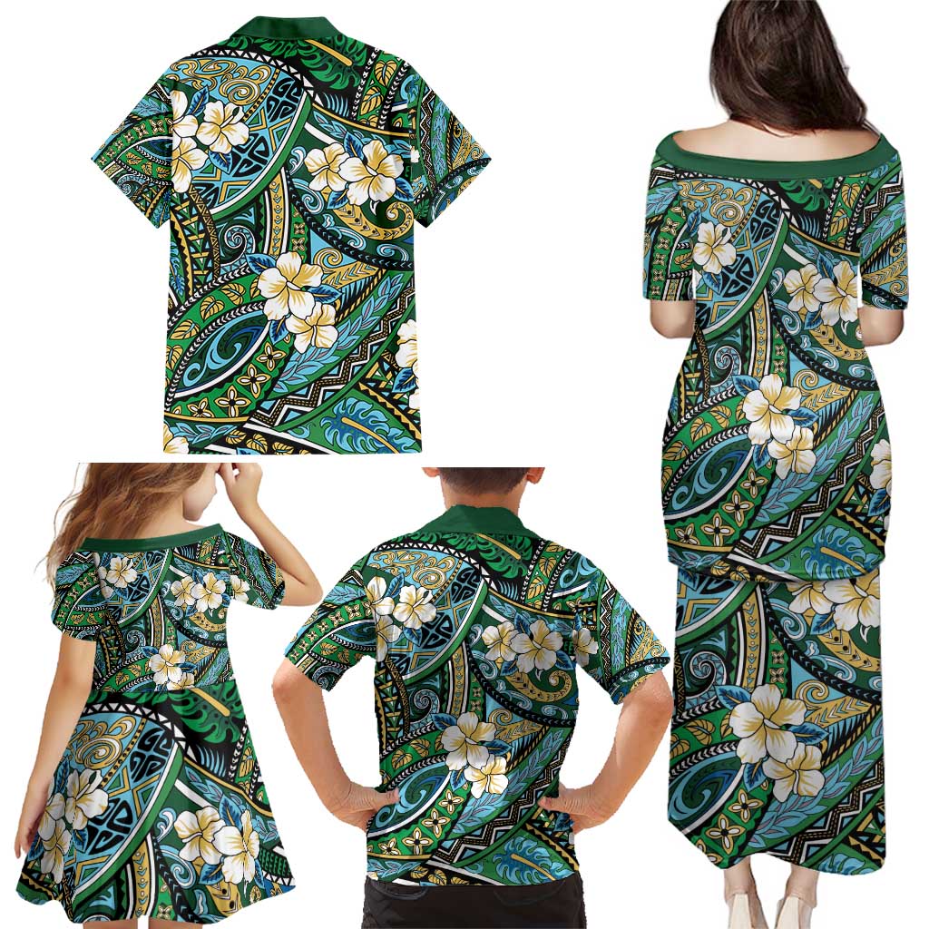 Polynesian Hibiscus Tropical Green Floral Family Matching Puletasi and Hawaiian Shirt Tribal Pattern - Polynesian Pride