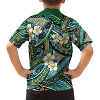Polynesian Hibiscus Tropical Green Floral Family Matching Short Sleeve Bodycon Dress and Hawaiian Shirt Tribal Pattern - Polynesian Pride