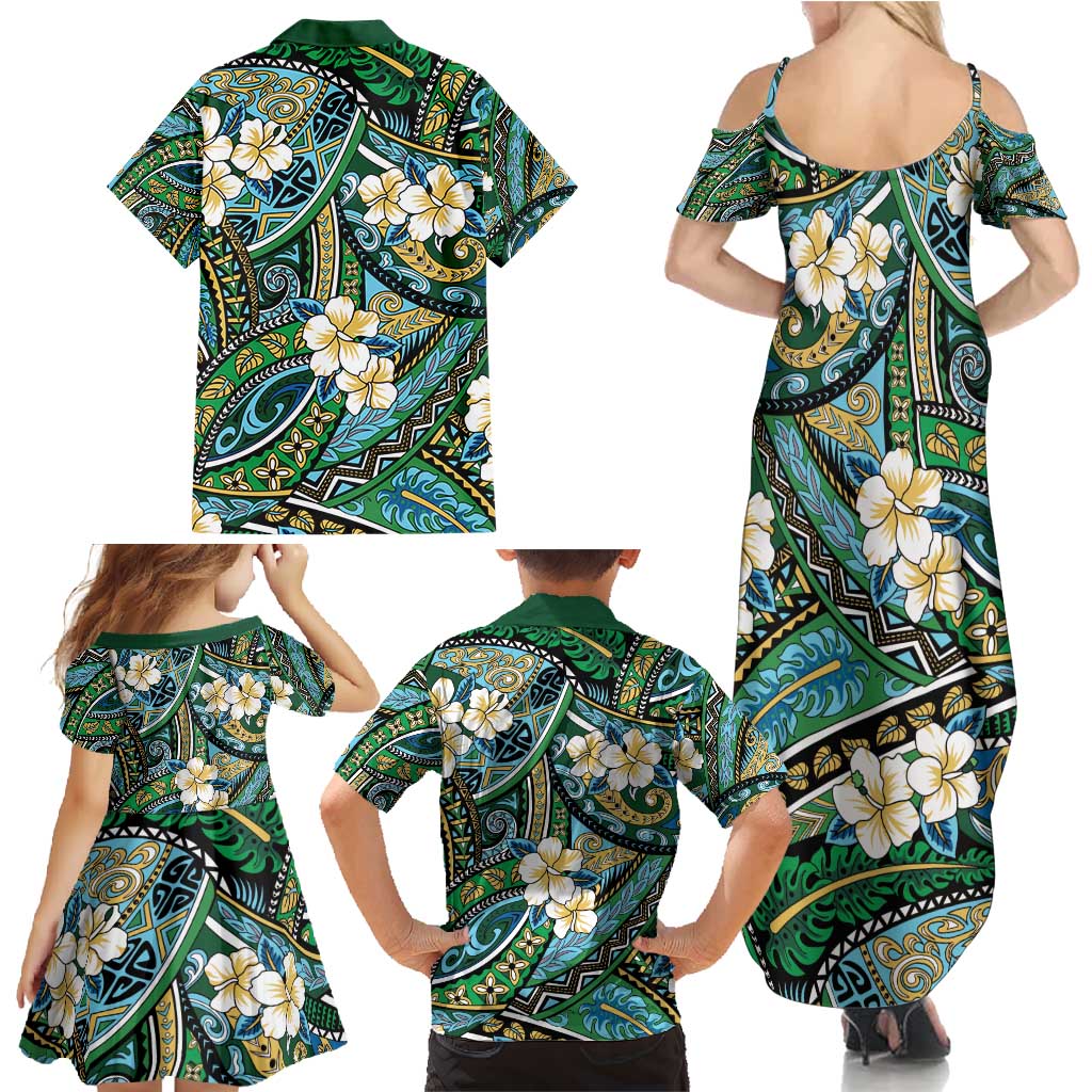 Polynesian Hibiscus Tropical Green Floral Family Matching Summer Maxi Dress and Hawaiian Shirt Tribal Pattern - Polynesian Pride