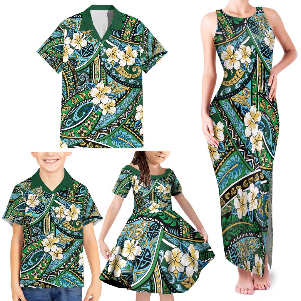 Polynesian Hibiscus Tropical Green Floral Family Matching Tank Maxi Dress and Hawaiian Shirt Tribal Pattern - Polynesian Pride