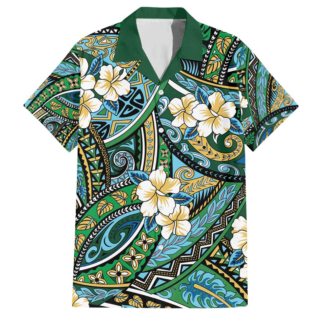 Polynesian Hibiscus Tropical Green Floral Family Matching Tank Maxi Dress and Hawaiian Shirt Tribal Pattern - Polynesian Pride
