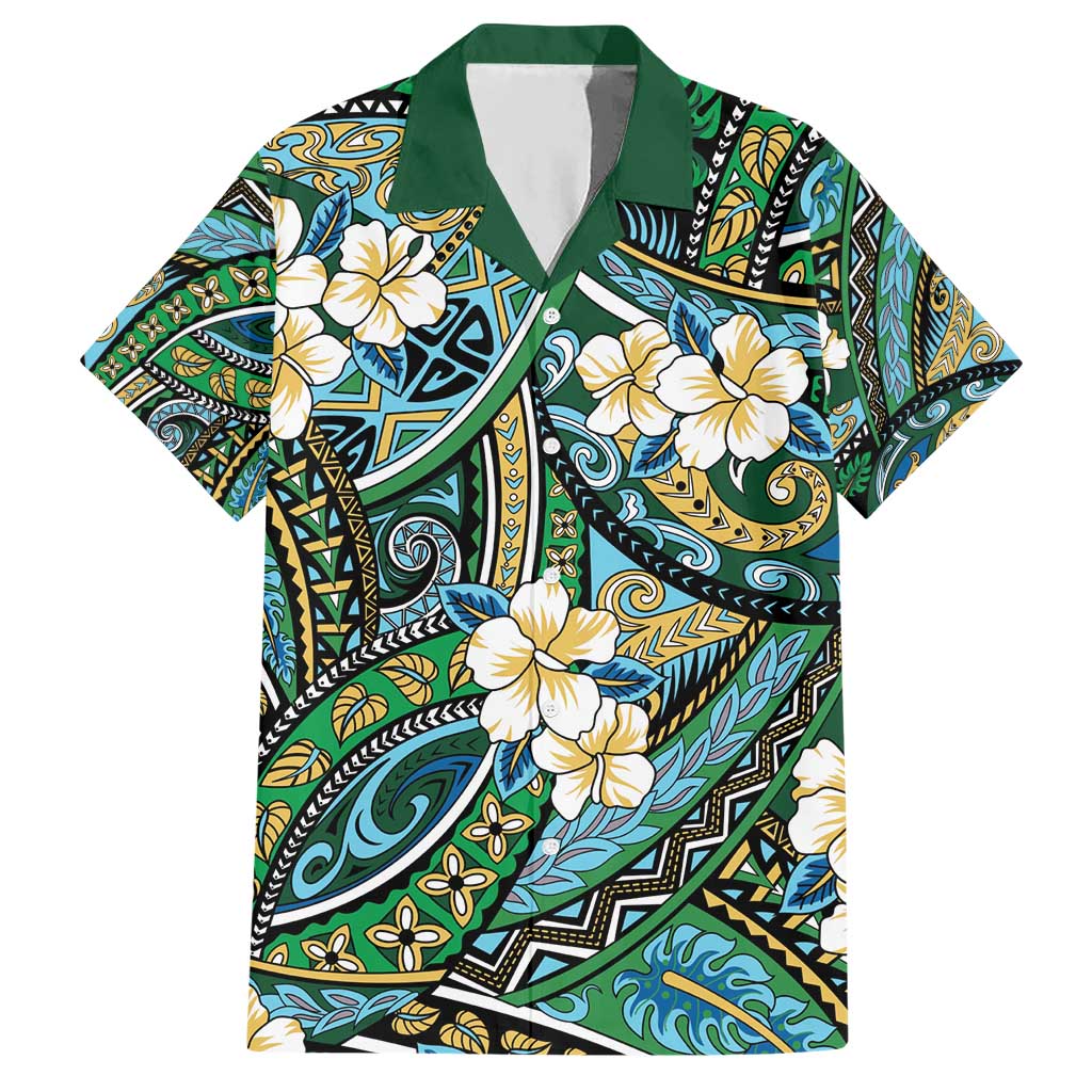 Polynesian Hibiscus Tropical Green Floral Hawaiian Shirt Tribal Pattern - Polynesian Pride