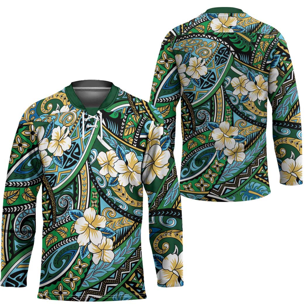 Polynesian Hibiscus Tropical Green Floral Hockey Jersey Tribal Pattern - Polynesian Pride