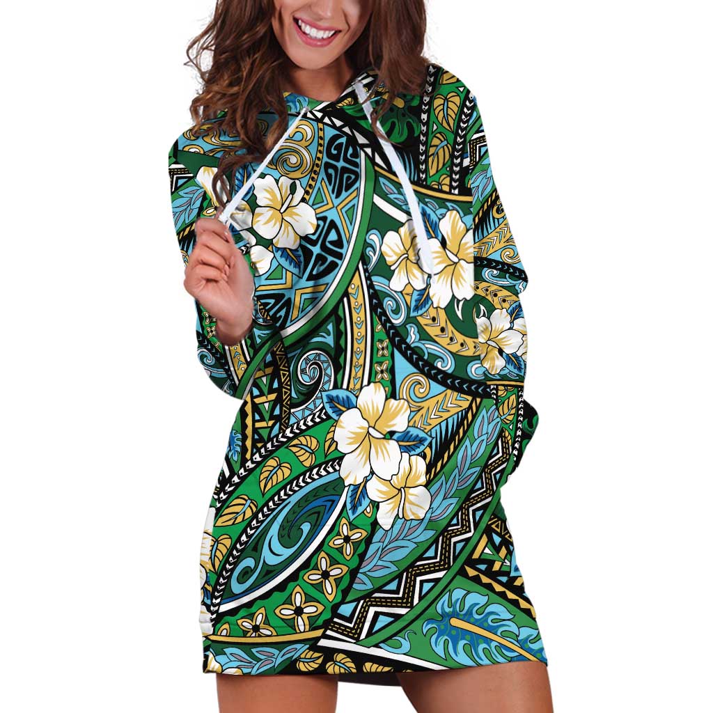 Polynesian Hibiscus Tropical Green Floral Hoodie Dress Tribal Pattern - Polynesian Pride