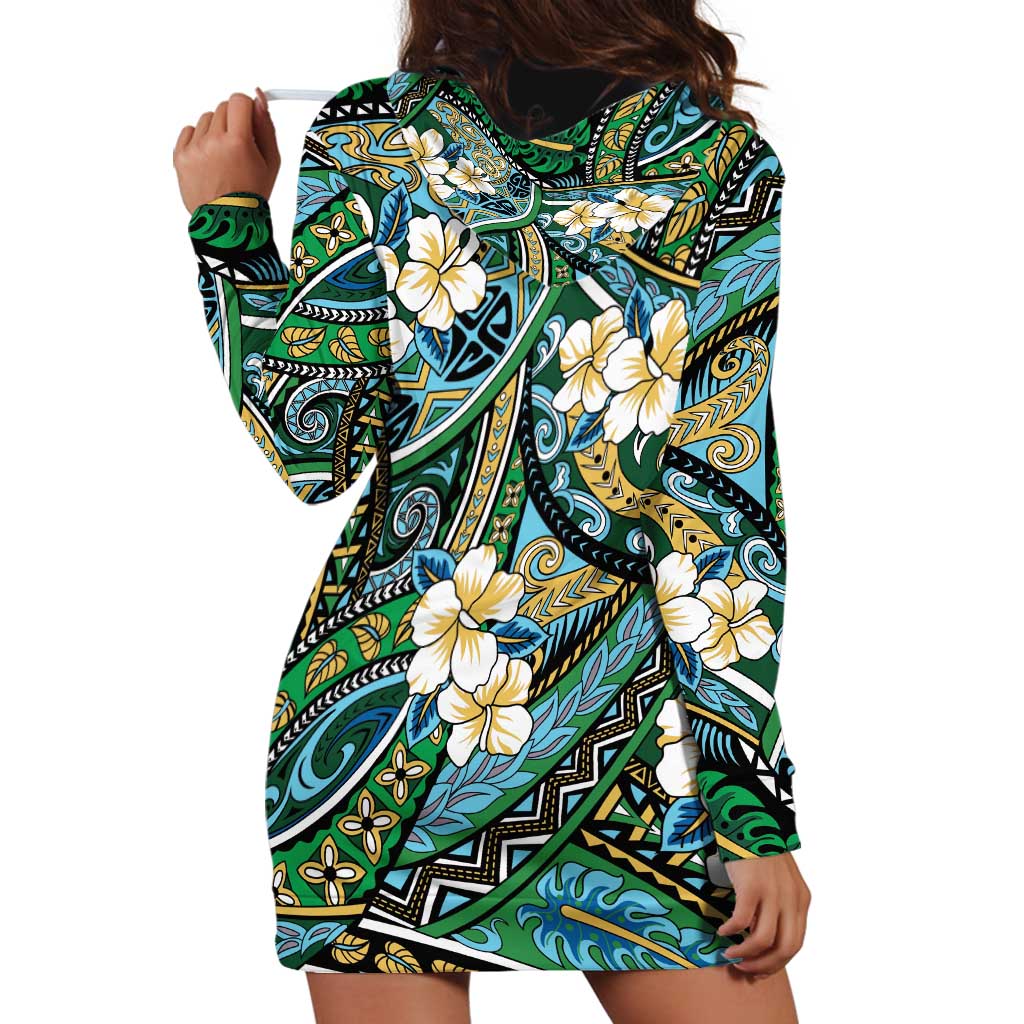 Polynesian Hibiscus Tropical Green Floral Hoodie Dress Tribal Pattern - Polynesian Pride