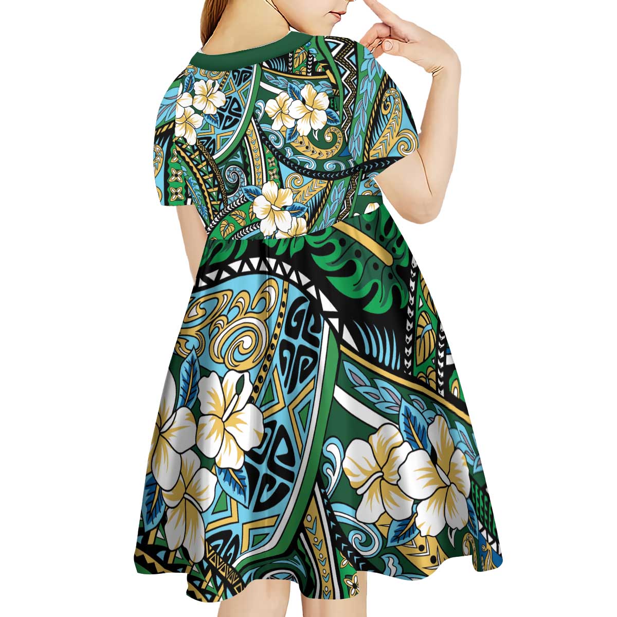 Polynesian Hibiscus Tropical Green Floral Kid Short Sleeve Dress Tribal Pattern - Polynesian Pride