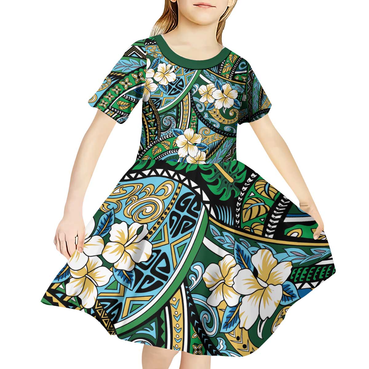 Polynesian Hibiscus Tropical Green Floral Kid Short Sleeve Dress Tribal Pattern - Polynesian Pride