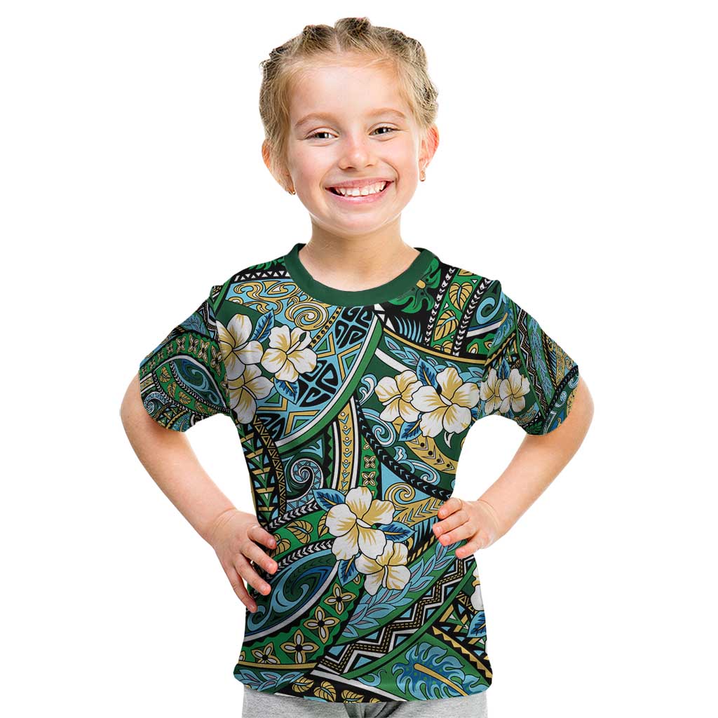 Polynesian Hibiscus Tropical Green Floral Kid T Shirt Tribal Pattern - Polynesian Pride