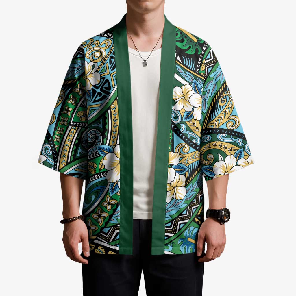 Polynesian Hibiscus Tropical Green Floral Kimono Tribal Pattern - Polynesian Pride