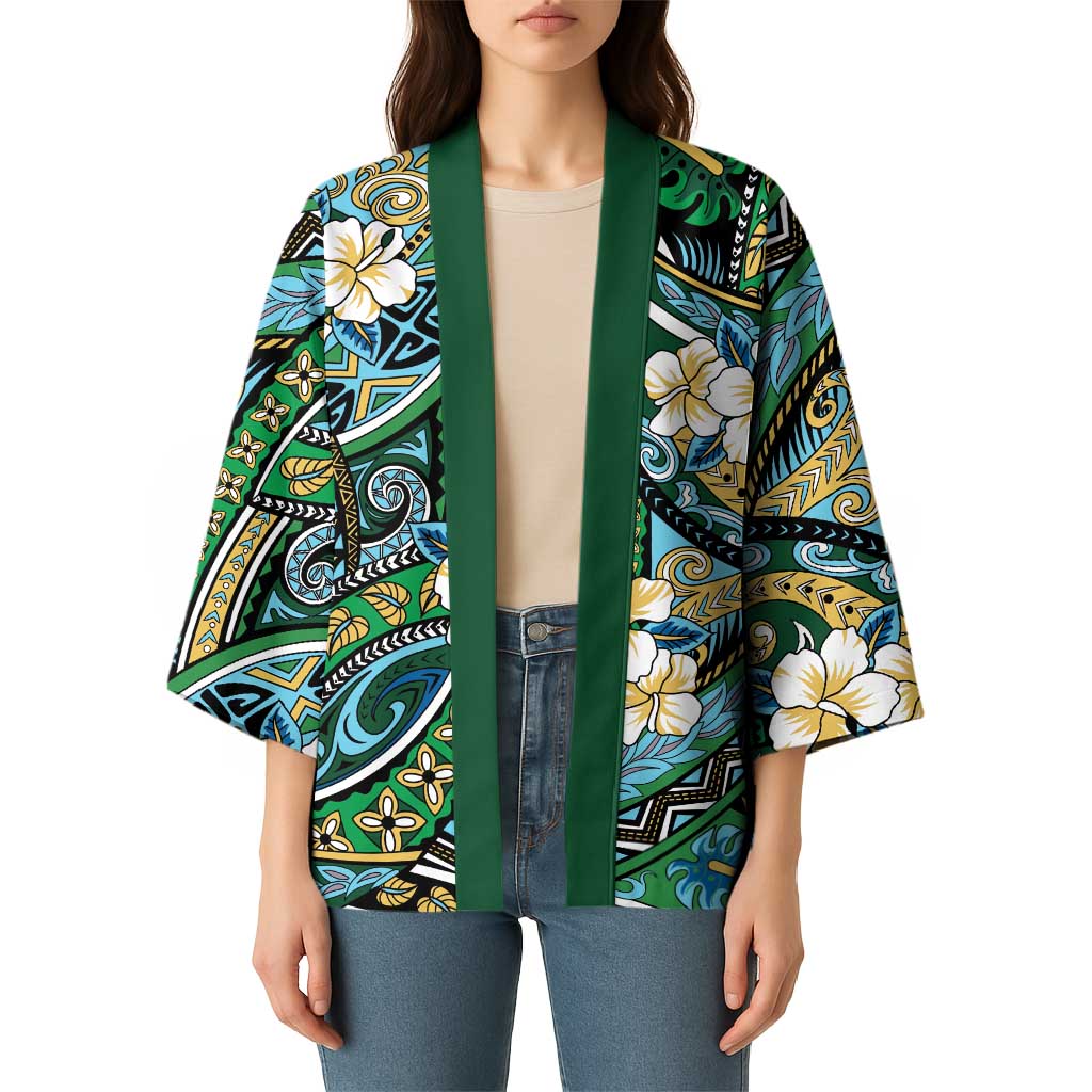 Polynesian Hibiscus Tropical Green Floral Kimono Tribal Pattern - Polynesian Pride