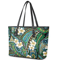 Polynesian Hibiscus Tropical Green Floral Leather Tote Bag Tribal Pattern - Polynesian Pride