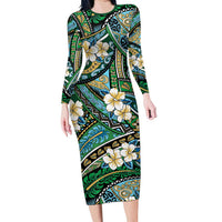 Polynesian Hibiscus Tropical Green Floral Long Sleeve Bodycon Dress Tribal Pattern - Polynesian Pride