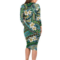 Polynesian Hibiscus Tropical Green Floral Long Sleeve Bodycon Dress Tribal Pattern - Polynesian Pride