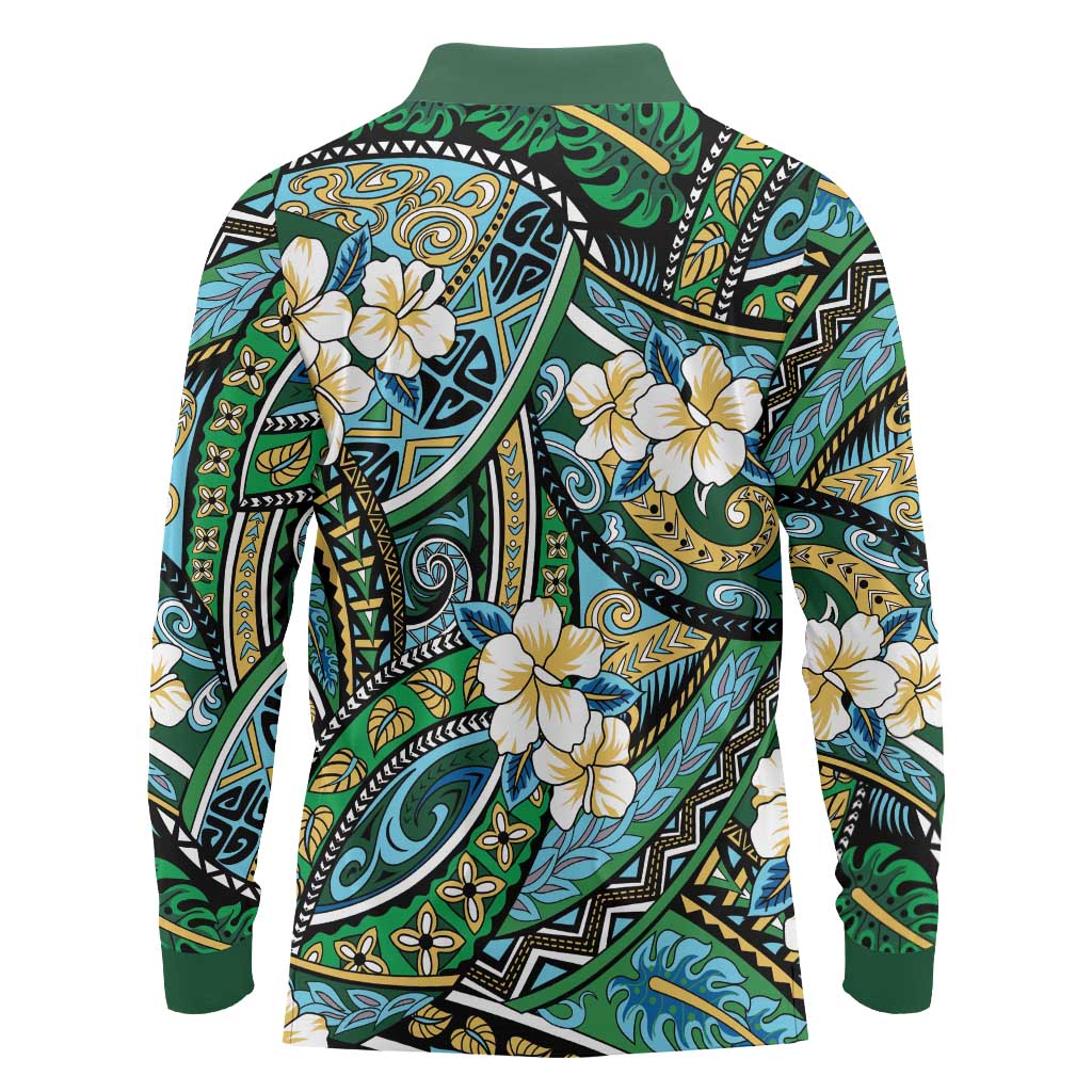 Polynesian Hibiscus Tropical Green Floral Long Sleeve Polo Shirt Tribal Pattern - Polynesian Pride