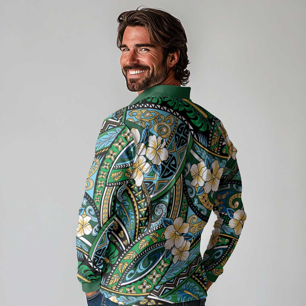 Polynesian Hibiscus Tropical Green Floral Long Sleeve Polo Shirt Tribal Pattern - Polynesian Pride