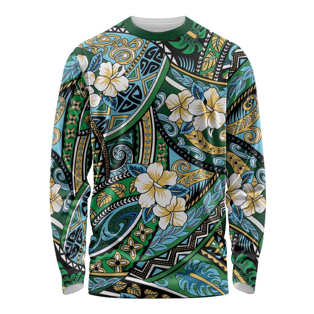 Polynesian Hibiscus Tropical Green Floral Long Sleeve Shirt Tribal Pattern - Polynesian Pride