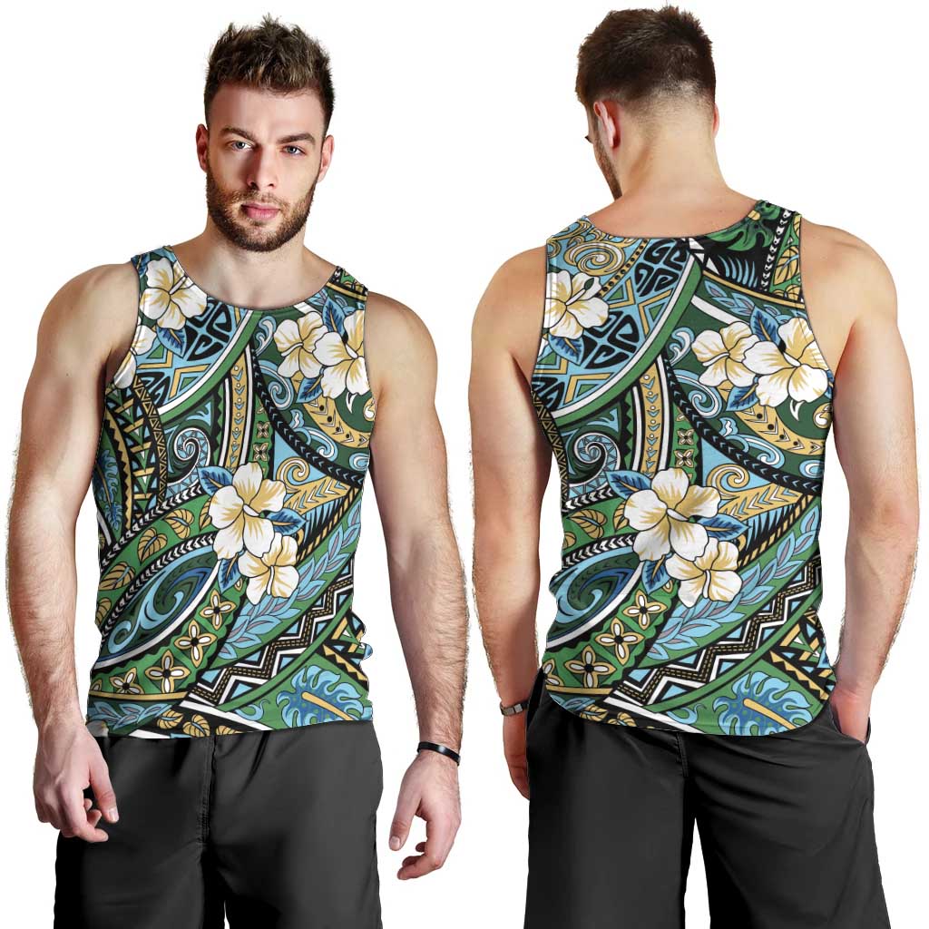 Polynesian Hibiscus Tropical Green Floral Men Tank Top Tribal Pattern - Polynesian Pride