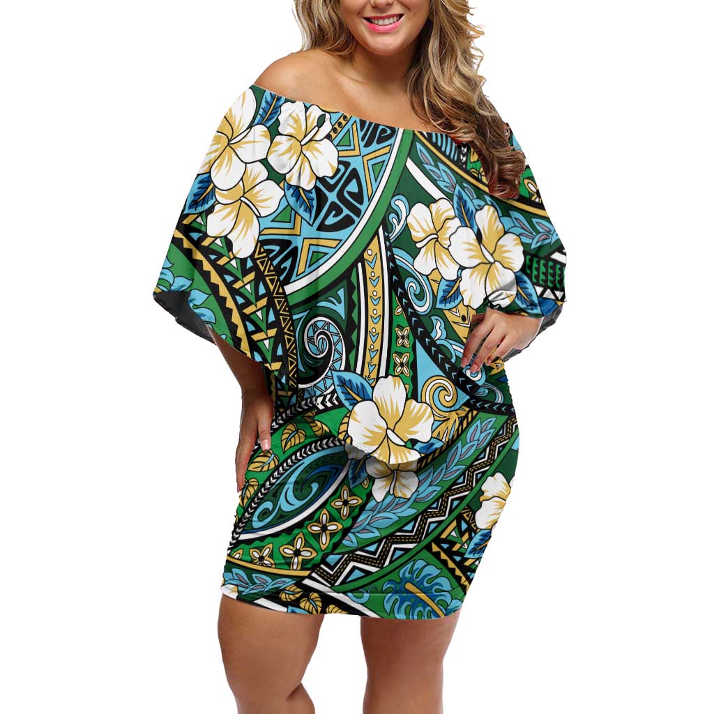 Polynesian Hibiscus Tropical Green Floral Off Shoulder Short Dress Tribal Pattern - Polynesian Pride