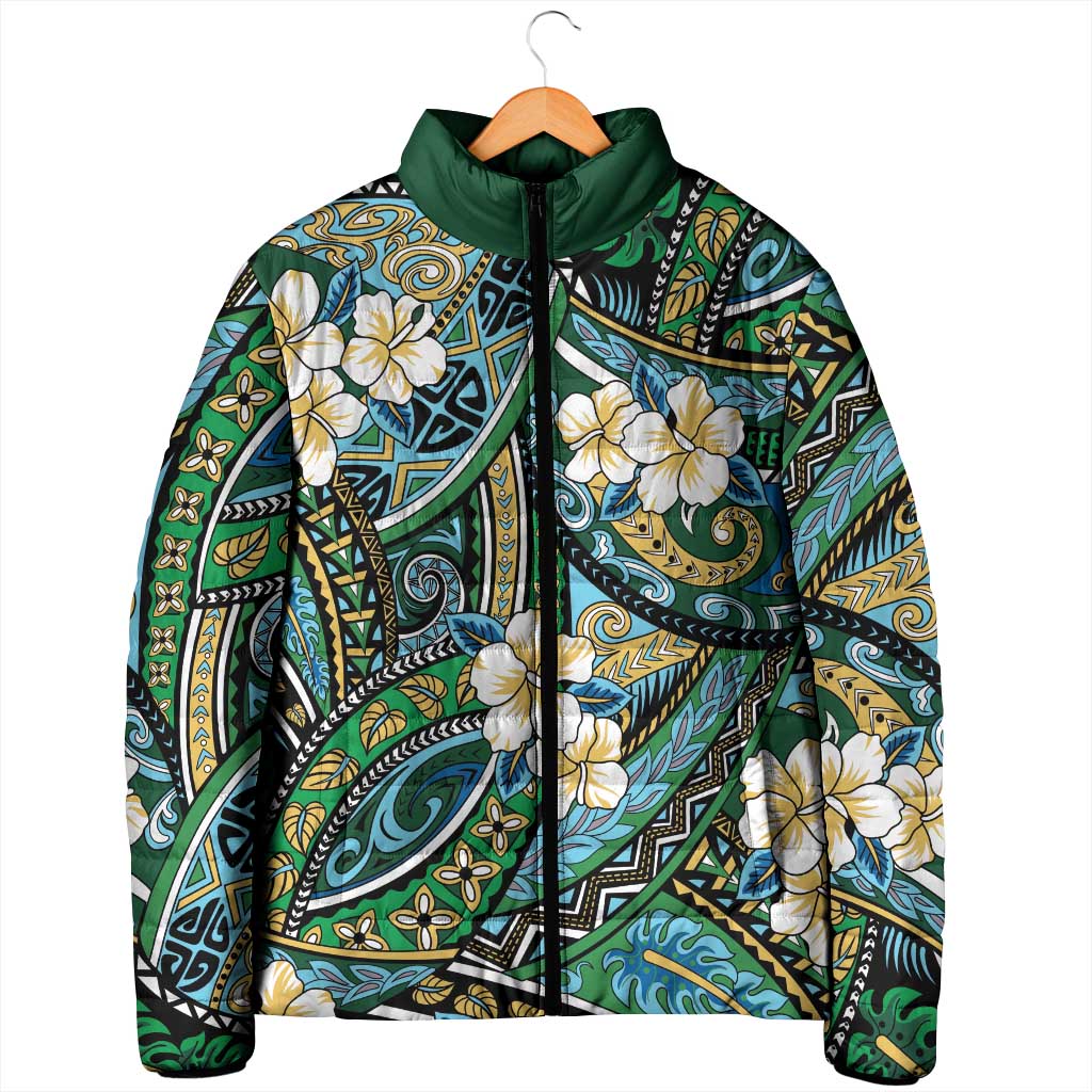 Polynesian Hibiscus Tropical Green Floral Padded Jacket Tribal Pattern - Polynesian Pride