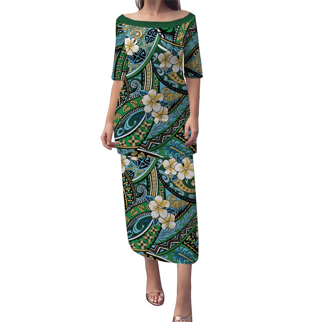 Polynesian Hibiscus Tropical Green Floral Puletasi Tribal Pattern - Polynesian Pride