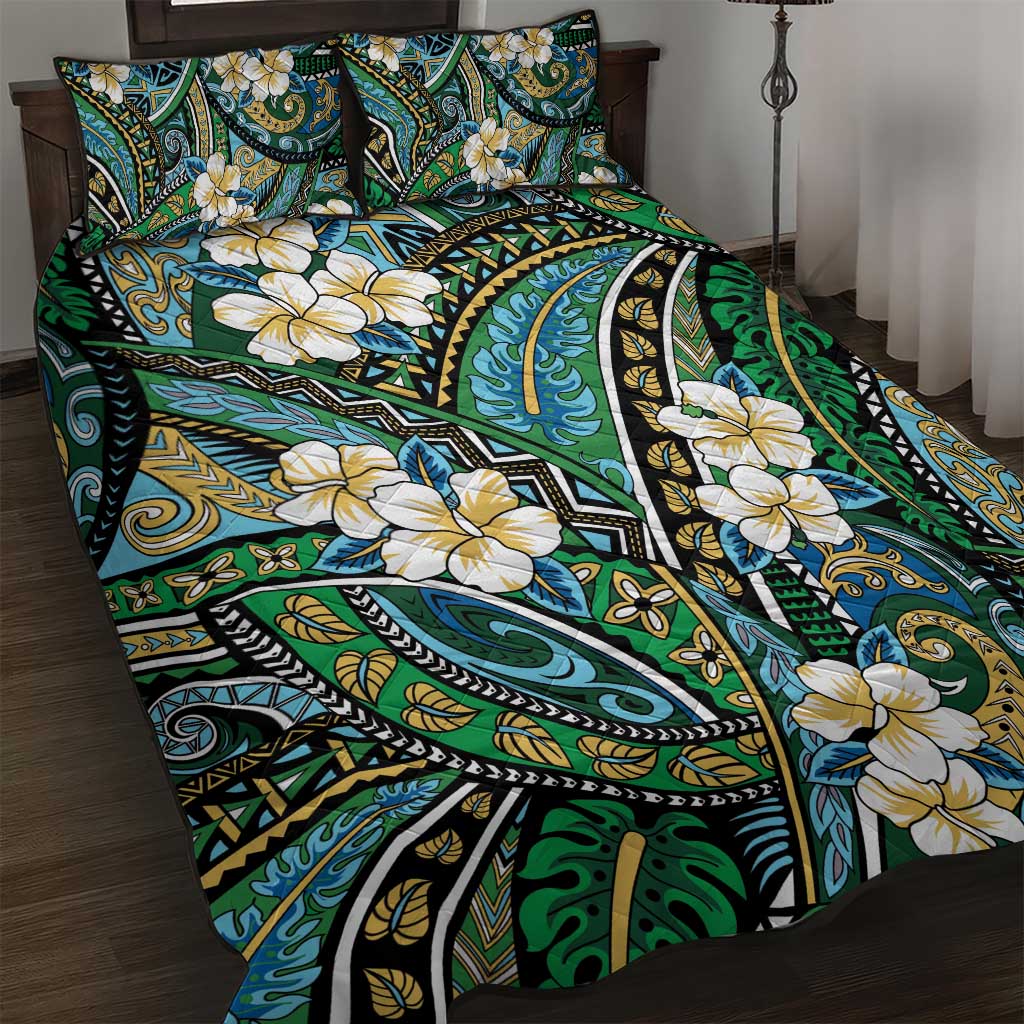 Polynesian Hibiscus Tropical Green Floral Quilt Bed Set Tribal Pattern - Polynesian Pride