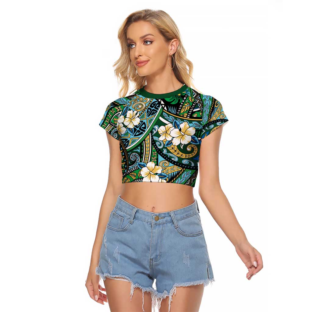 Polynesian Hibiscus Tropical Green Floral Raglan Cropped T Shirt Tribal Pattern - Polynesian Pride