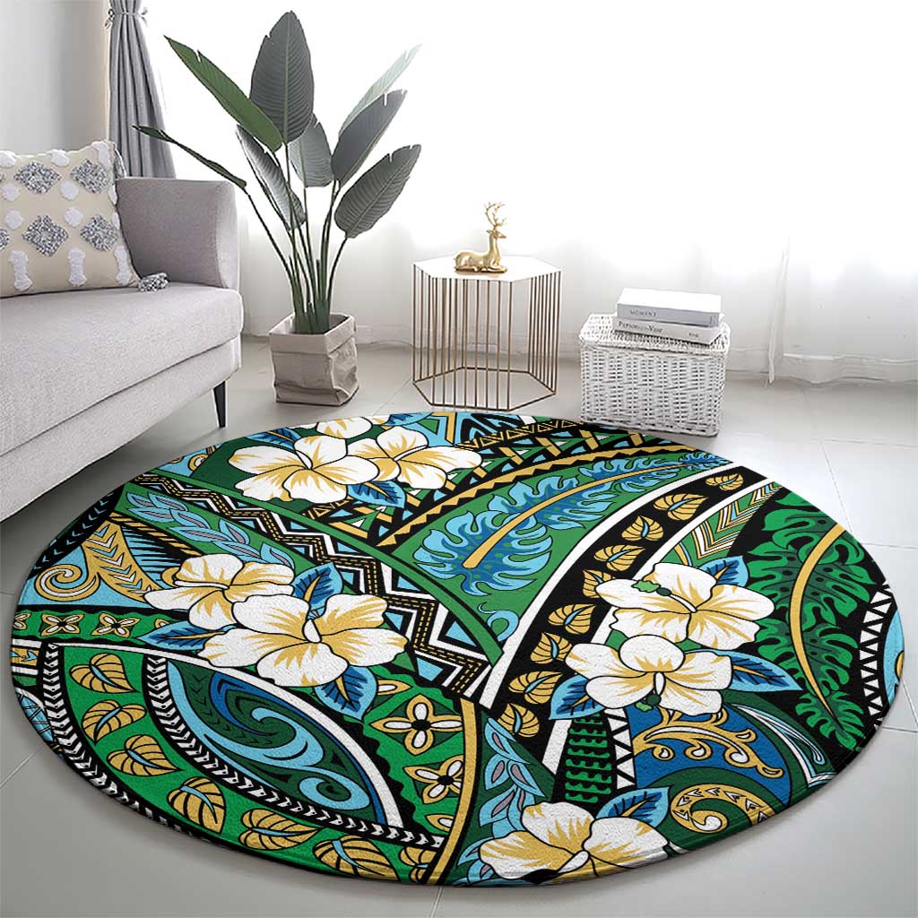 Polynesian Hibiscus Tropical Green Floral Round Carpet Tribal Pattern LT01 - Polynesian Pride