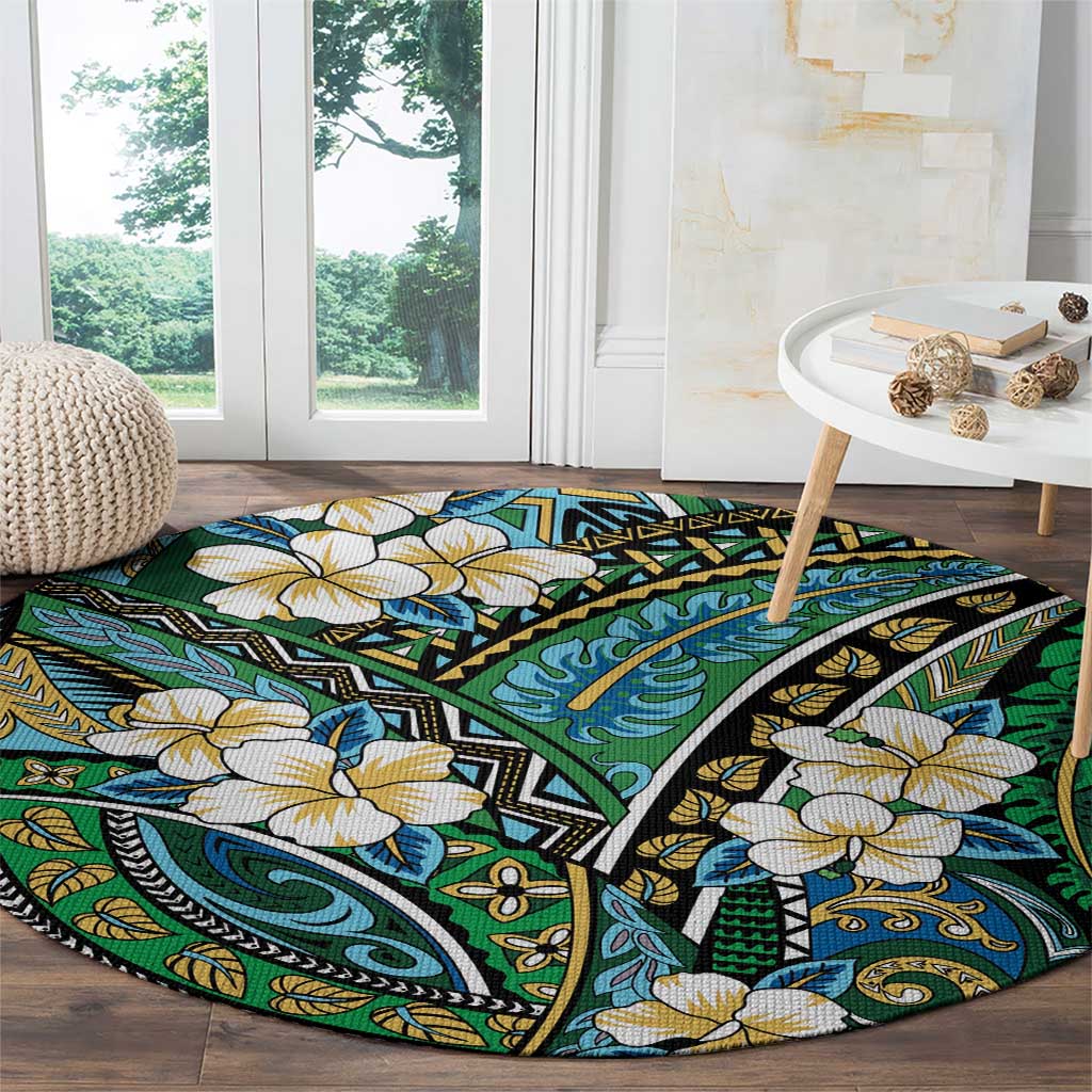 Polynesian Hibiscus Tropical Green Floral Round Carpet Tribal Pattern LT01 - Polynesian Pride