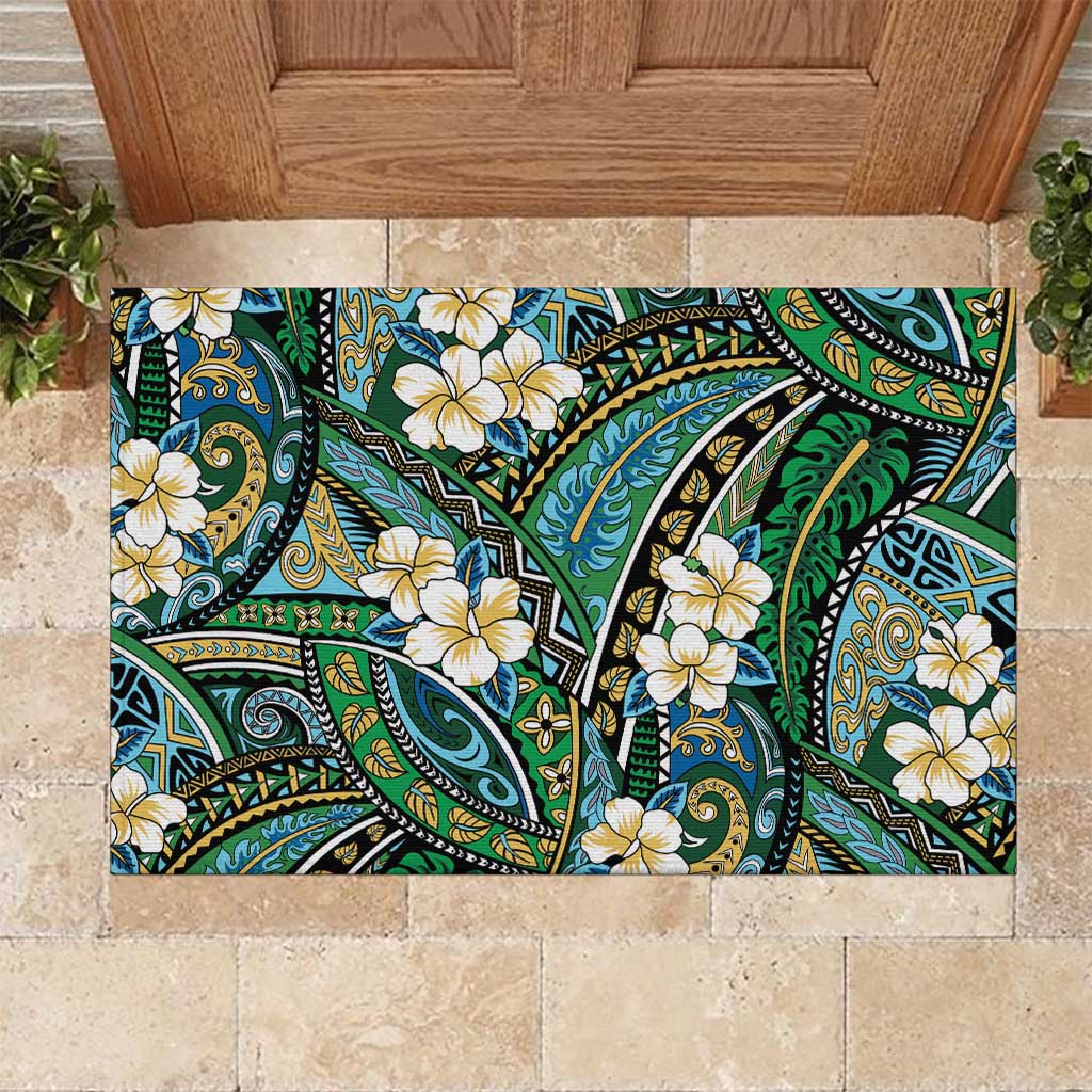 Polynesian Hibiscus Tropical Green Floral Rubber Doormat Tribal Pattern - Polynesian Pride