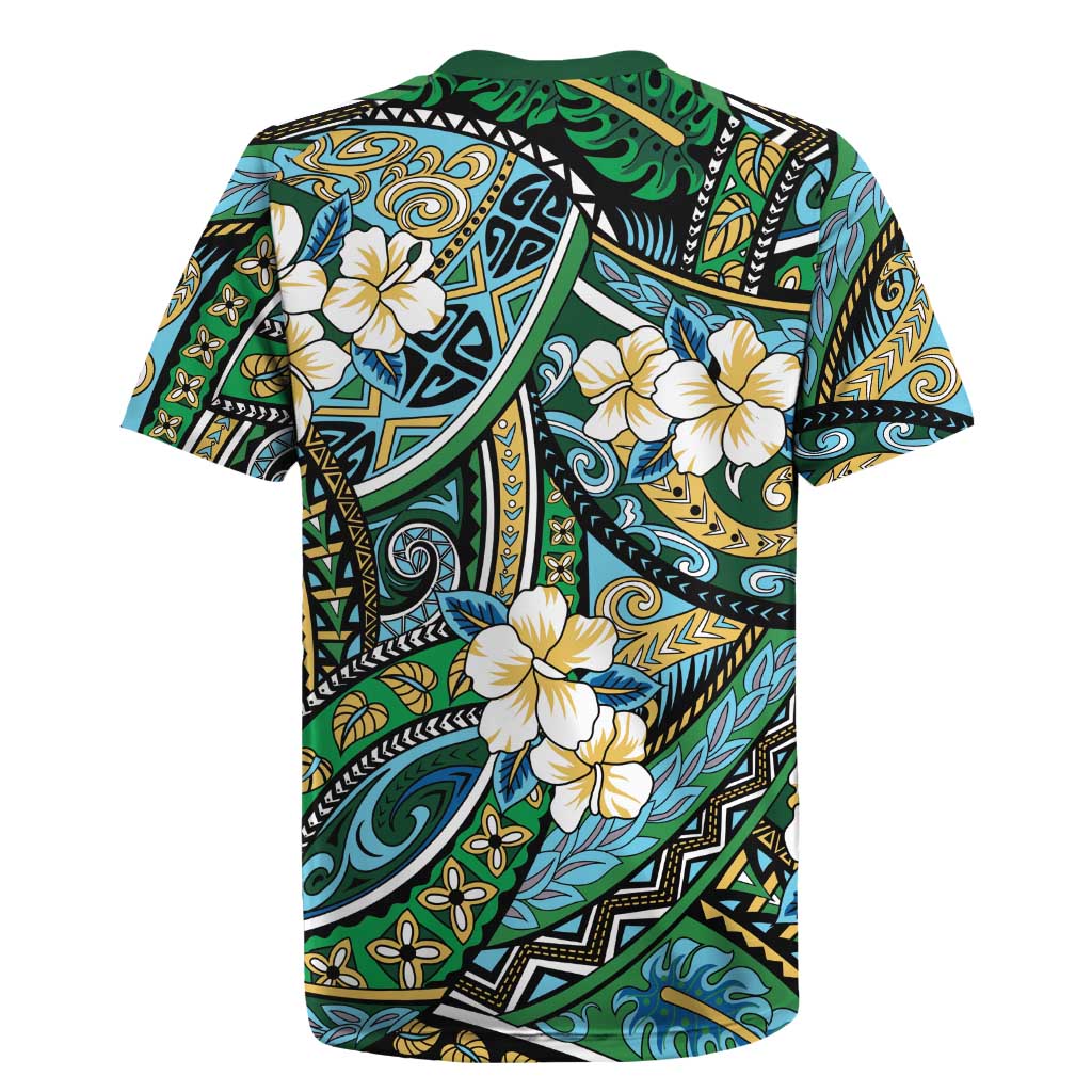 Polynesian Hibiscus Tropical Green Floral Rugby Jersey Tribal Pattern - Polynesian Pride