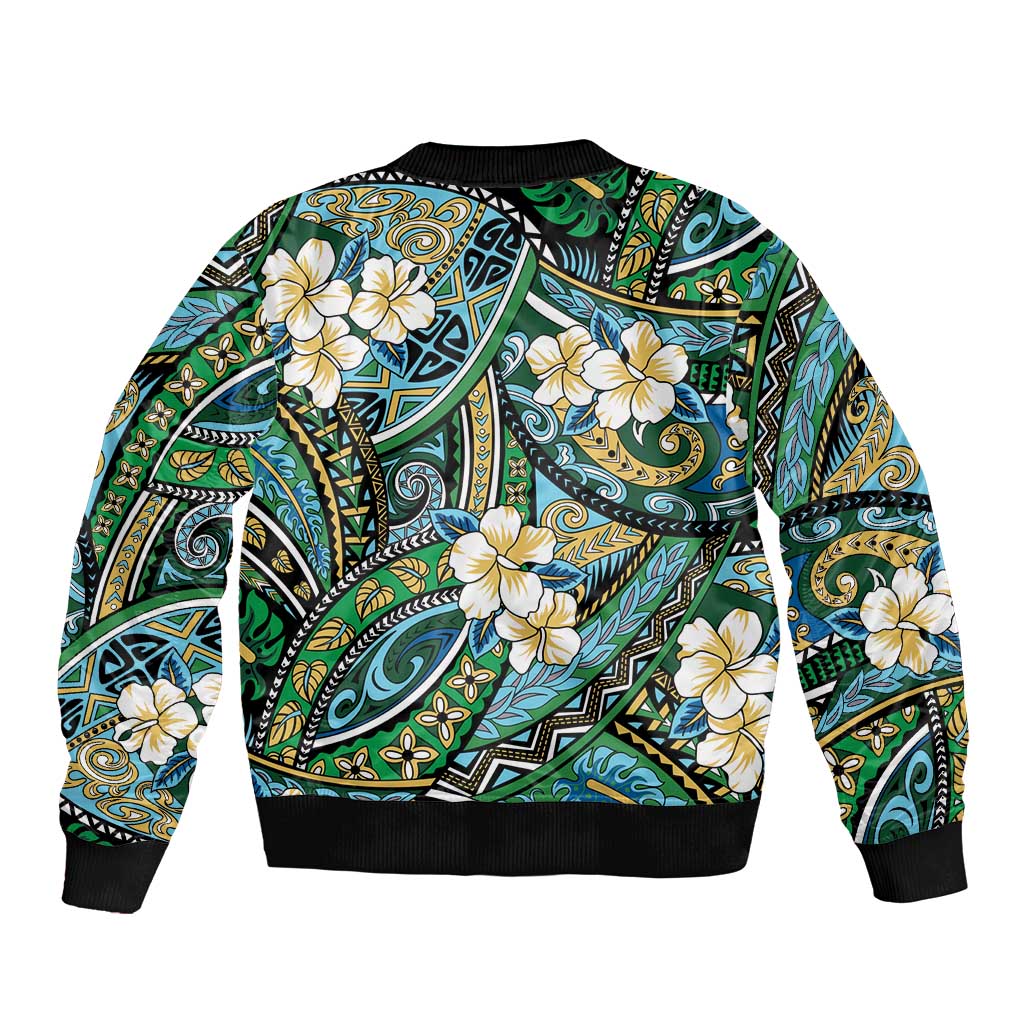 Polynesian Hibiscus Tropical Green Floral Sleeve Zip Bomber Jacket Tribal Pattern - Polynesian Pride