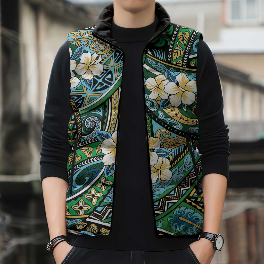 Polynesian Hibiscus Tropical Green Floral Sleeveless Puffer Jacket Tribal Pattern - Polynesian Pride