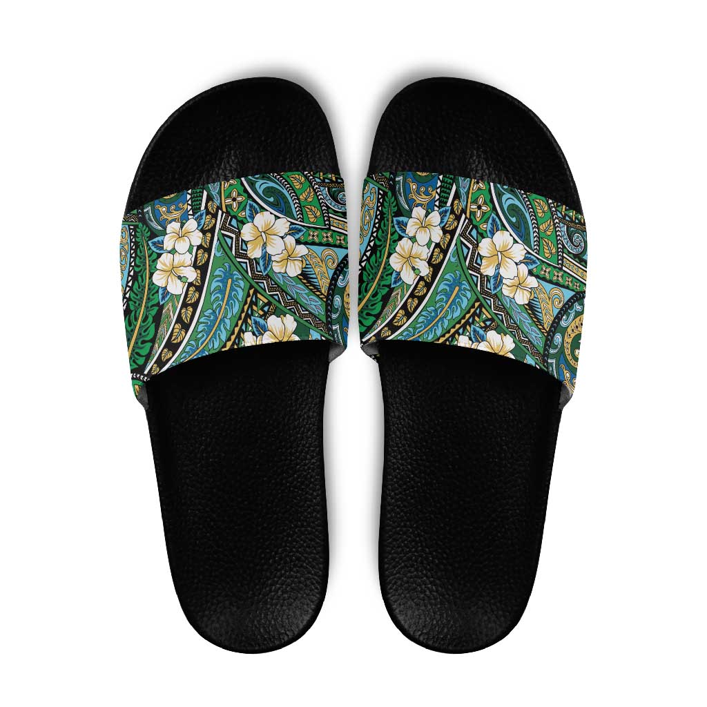 Polynesian Hibiscus Tropical Green Floral Slide Sandals Tribal Pattern - Polynesian Pride